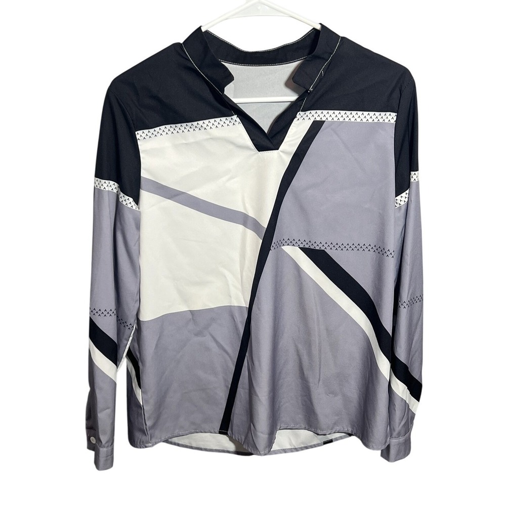 Women's Geometric Color Block Long Sleeve V-Neck Pullover Blouse Top Size M